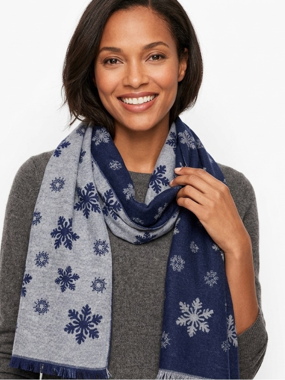Talbots Blue & Grey Reversible Snowflake Scarf / Wrap (72" x 26.5")